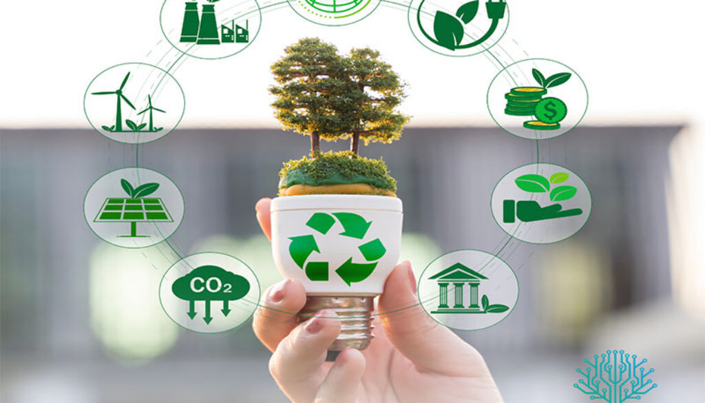 Sustainability in manufacturing with renewable energy, recycling, and green production icons
